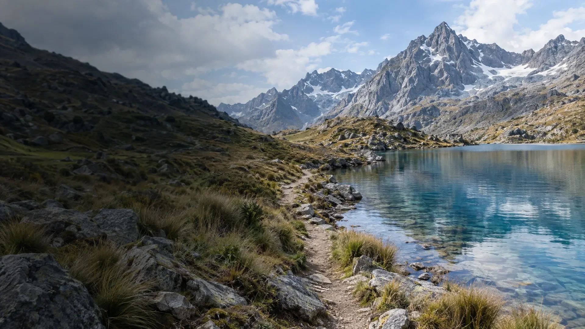AI-gegenereerd sfeerbeeld: Een wandelpad langs een hooggelegen bergmeer.
