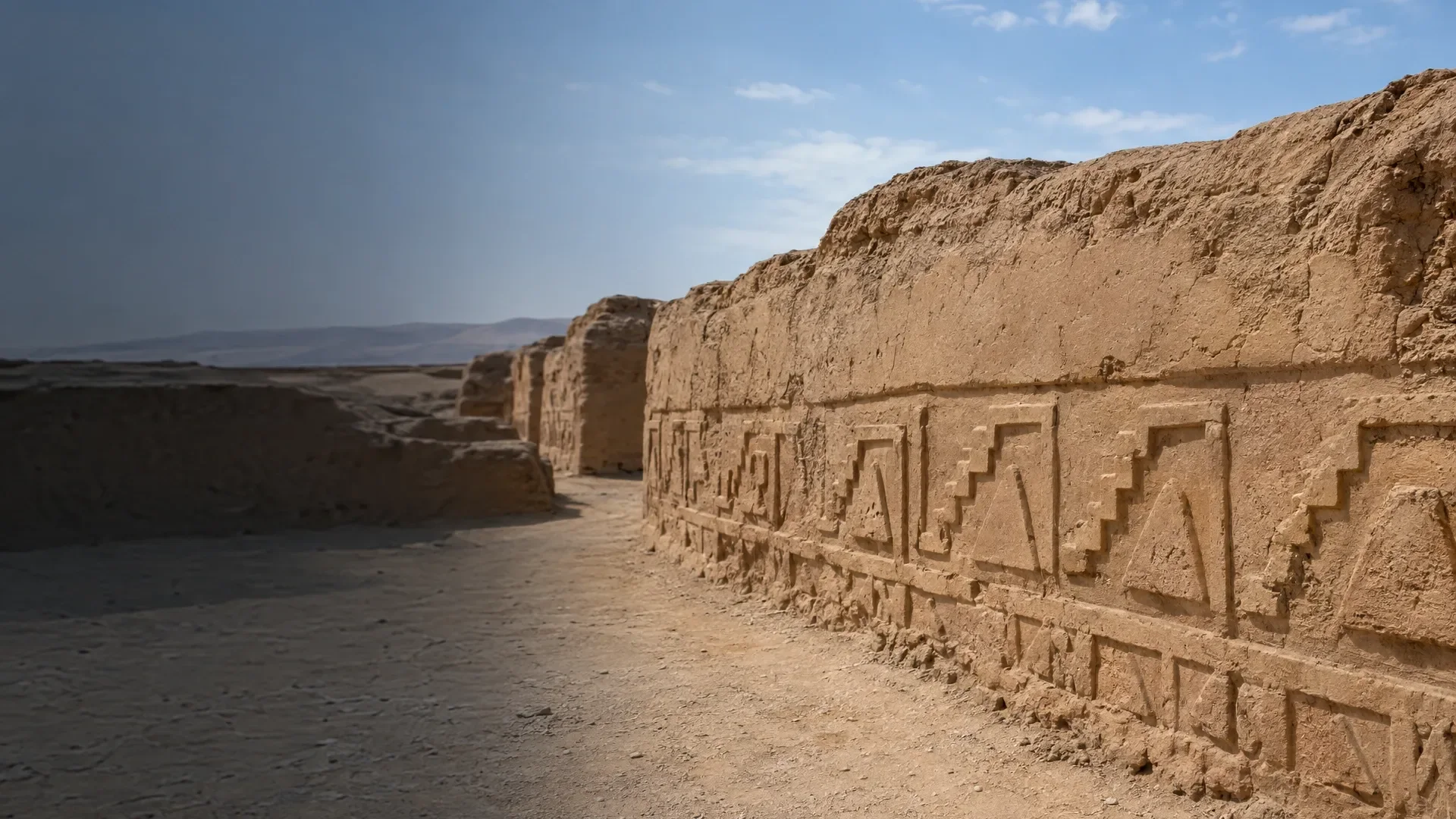 AI-gegenereerd sfeerbeeld: Een lemen archeologische muur, geïnspireerd op pre-Inca-architectuur.